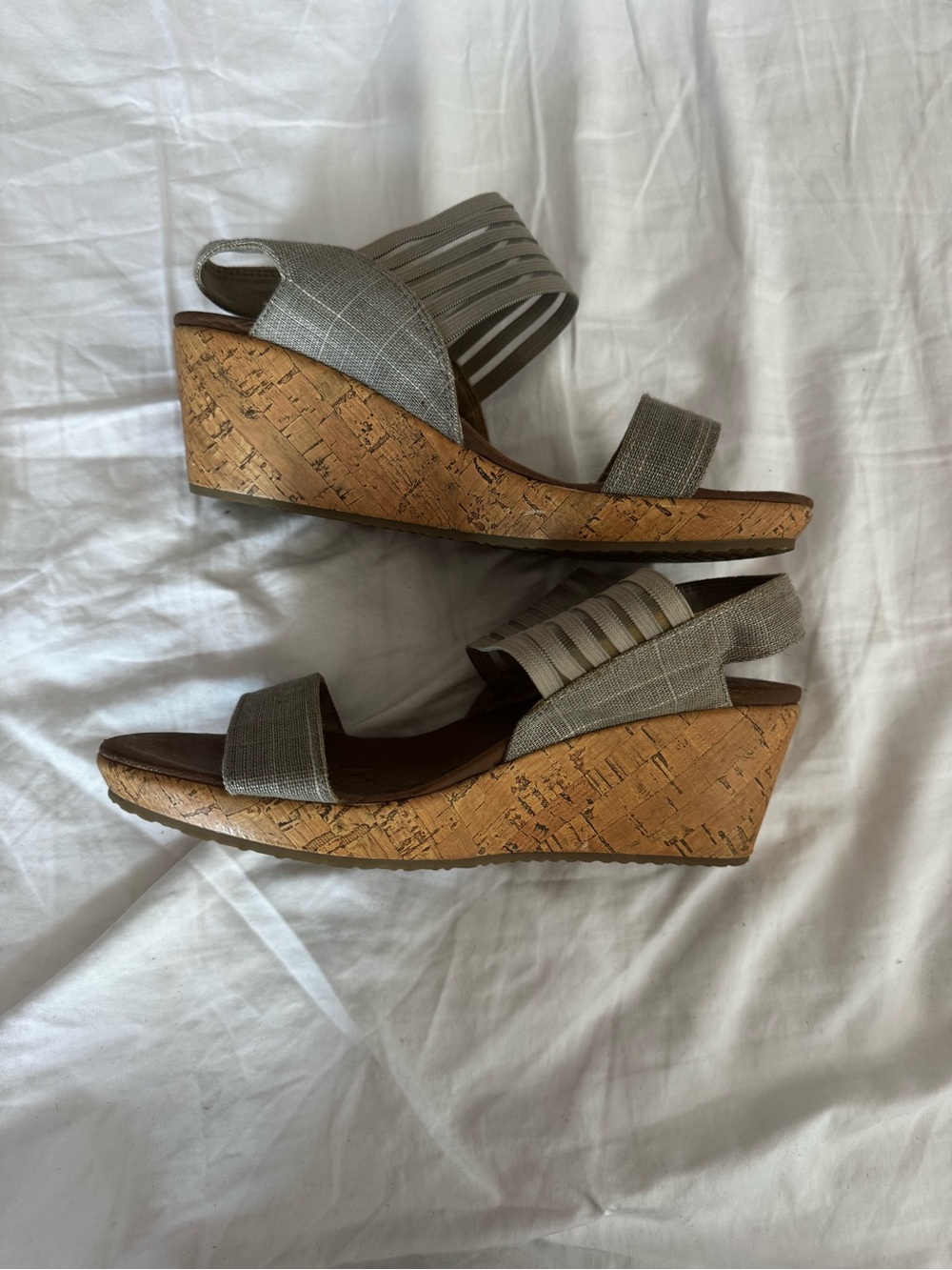 Skechers Gray Fabric Cork-like Wedge Sandals with Elastic Straps